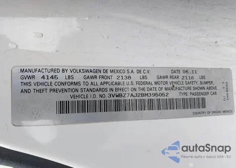 2011 Volkswagen Jetta 2.5L Se from USA, damaged, VIN 3VWBZ7AJ2BM395052